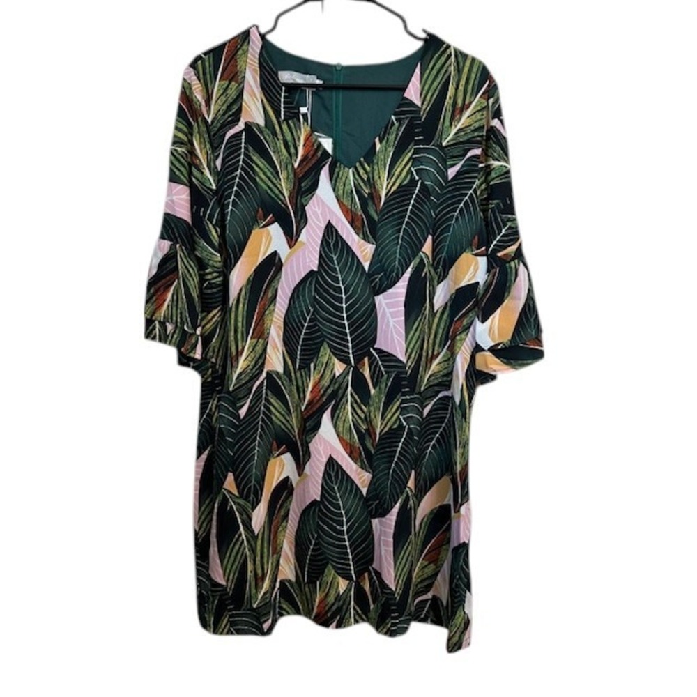 NWT Belongsci Leaf Print V-Neck Dress Bell Sleeve Bohemian Mini Dress Sz‎ Lg - Picture 3 of 16